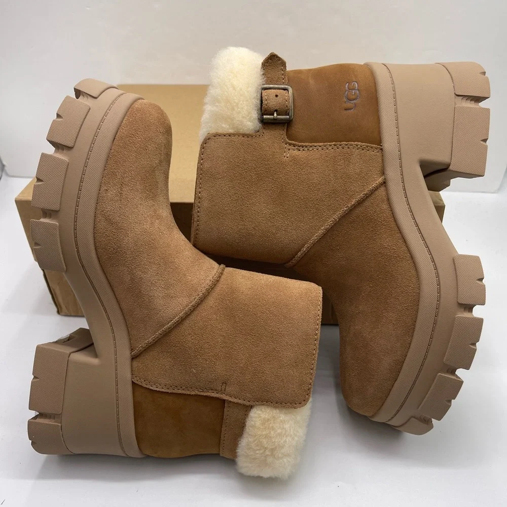 UGG Women's Tan Shearling
W BROOKLYN BUCKLE
CHESTNUT PLATFORM HIGH HEELS BOOTS - Picture 8 of 16